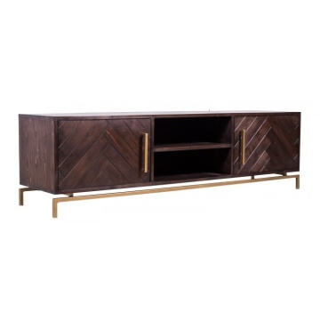 Comodă TV din lemn masiv, maro, cu 2 uși în model os de pește, nișă centrală cu raft și bază metalică aurie, 52 x 185 x 45 cm, „Versailles” - Img 2