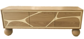 Comodă TV living din lemn de acacia, natur, cu 3 uși, decor alb și picioare sferice, 50 x 145 x 40 cm, „Alvera” - Img 11