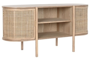 Comodă TV living din lemn de hevea, natur, cu 2 uși din ratan împletit și nișă deschisă cu raft, 60 x 120 x 43,5 cm, „Rustic Elegance”