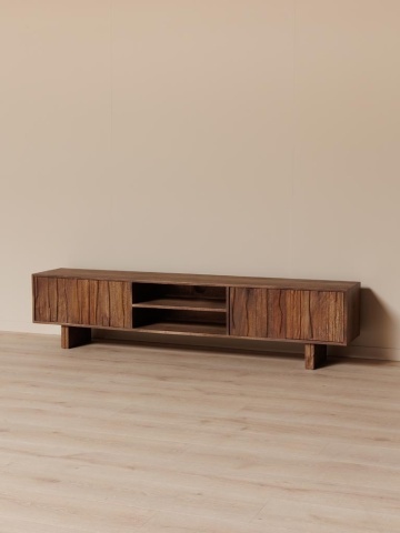 Comodă TV living din lemn de mango, maro, cu 4 uși, nișă deschisă cu raft și uși cu textură de scoarță, 46 x 201 x 35 cm, „Ecorce” - Img 3