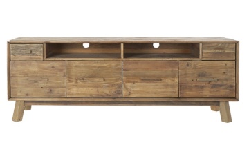 Comodă TV living din lemn reciclat, natur, cu 4 uși, 2 sertare, 2 nișe deschise și picioare oblice, finisaj antichizat, 65 x 180 x 48 cm, „Aubeline”