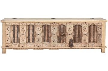 Comodă TV sculptată lungă din lemn, natur, cu capac rabatabil și detalii din fier, 63 x 194 x 50 cm, „Charm” - Img 10