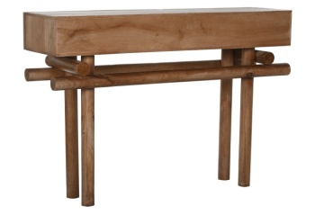 Consolă hol eclectică din lemn de mango, natur, cu 2 sertare canelate și bază din lemn rotund cu traverse încrucișate, 76 x 110 x 30 cm, „Odelin” - Img 3