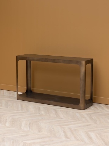 Consolă hol eclectică din metal și sticlă, auriu, cu raft jos, blat din sticlă fumurie și laterale cu deschideri rotunjite, 76 x 130 x 40 cm, „Lexton” - Img 3
