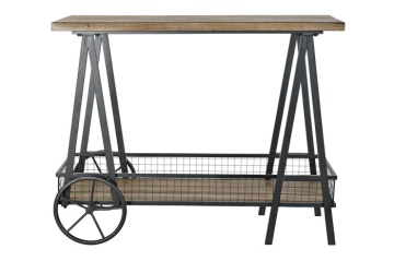 Consolă hol industrială din metal și lemn, natur și negru, cu picioare în A, raft jos cu plasă de sârmă și două roți, 52 x 112 x 54 cm, „Spruce” - Img 6