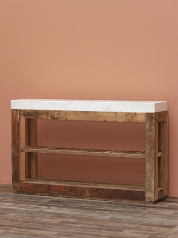 Consolă hol rustică din lemn reciclat, natur, cu blat din marmură albă și raft din șipci, 81,5 x 132 x 31 cm, „Greta” - Img 4