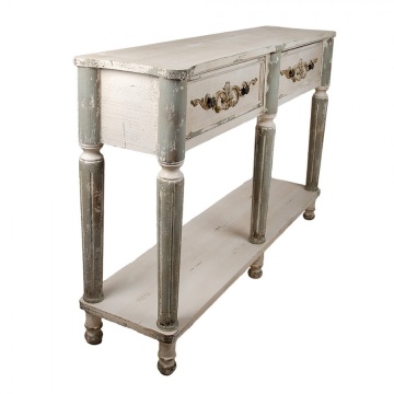 Consolă hol shabby chic din lemn, alb, cu 2 sertare, raft, picioare gri canelate și ornamente sculptate, 92 x 141 x 36 cm, „Marguerite” - Img 4