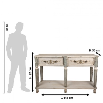 Consolă hol shabby chic din lemn, alb, cu 2 sertare, raft, picioare gri canelate și ornamente sculptate, 92 x 141 x 36 cm, „Marguerite” - Img 6