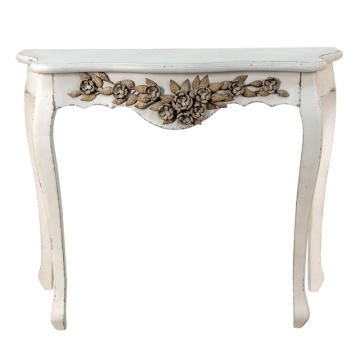 Consolă hol shabby chic din lemn masiv, alb, cu ghirlandă de trandafiri sculptați și picioare curbate, 80 x 101 x 39 cm, „Amarante”