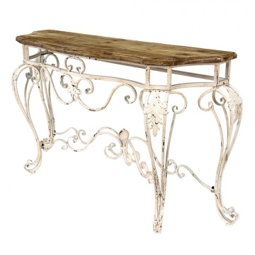 Consolă hol shabby chic din lemn și fier forjat, alb, cu blat natur și picioare curbate cu volute, 77 x 138 x 39 cm, „Clemence” - Img 2