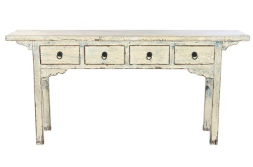 Consolă hol vintage din lemn de ulm, crem, cu 4 sertare, mânere cu inel și colțare decupate, 85 x 178 x 38 cm, „Harmony”