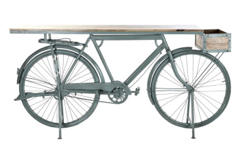 Consolă vintage tip bar din metal verde salvie antichizat și lemn de mango, „Bycicle"