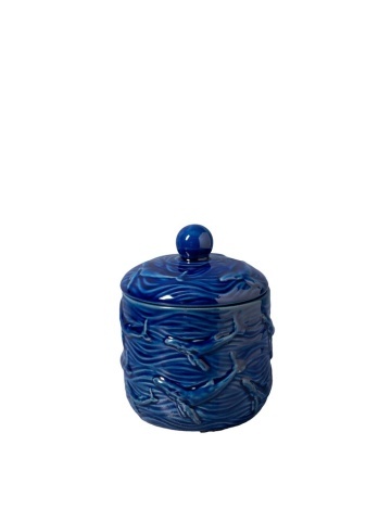 Cutie decorativă din ceramică, albastră, mică, cu capac și balene în relief, 12,5 x Ø 10 cm, „Azula”