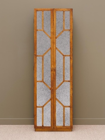 Dulap cu uși vintage din lemn de mango, maro, cu 4 rafturi, 2 uși cu oglinzi antichizate și model geometric, 195 x 60 x 33 cm, „Odette” - Img 3