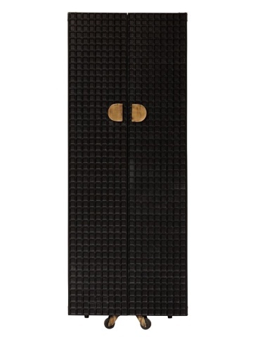 Dulap tip cufăr din lemn de mango, negru, cu 2 uși adânci, 5 sertare, 6 tăvi glisante și mânere din alamă, pe roți, 175 x 67 x 59 cm, „Cultura”