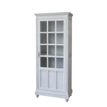Dulap vitrină French Country din lemn de pin, alb, cu 1 ușă vitrată, 4 rafturi și cornișă canelată, 173 x 66 x 37,5 cm, „Ardelia”