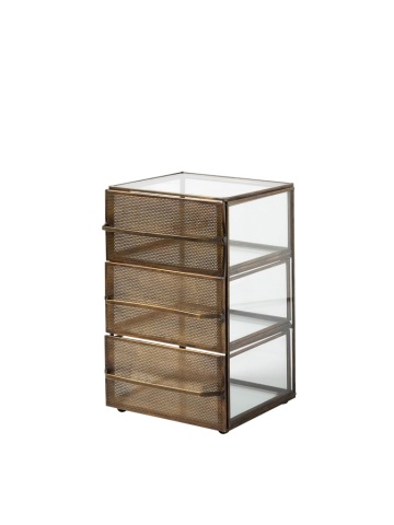 Dulăpior cu sertare din metal și sticlă, auriu, organizator cu 3 sertare cu fronturi perforate, pe picioare-bilă, 28 x 17,5 x 18 cm, „Draw”