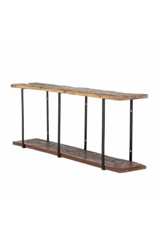 Etajeră de perete din lemn reciclat, maro, cu 2 rafturi și suporturi din fier, aspect rustic, finisaj ceruit, 53 x 140 x 25,5 cm, „Tallymay” - Img 3