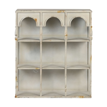 Etajeră de perete vintage din metal, alb, cu 9 compartimente și trei arcade, finisaj antichizat, 70 x 60 x 20 cm, „Fontaine”
