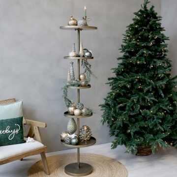 Etajeră decorativă din metal cu 5 tăvi, finisaj alamă antichizată, H160 cm - Img 2