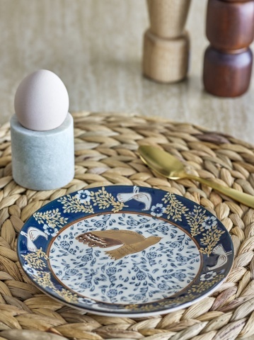 Farfurie din ceramică albastră cu păsări și motive florale pictate manual, 16×2 cm, „Hezha" - Img 4
