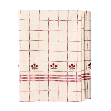 Față de masă din bumbac brodată manual cu model în carouri și flori, 120×220 cm, „Bloom"
