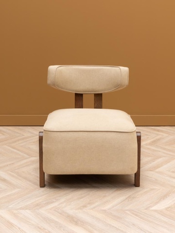 Fotoliu bej pentru living, în stil Art Deco, din bumbac, cu spătar curbat pe stâlpi din lemn de mango maro închis, 59×66×74 cm, „Calley” - Img 6