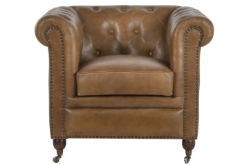 Fotoliu Chesterfield din piele naturală maro cognac, capitonat, cu ținte decorative și picioare strunjite pe roți, 90×80×77 cm, „Stanhope” - Img 12