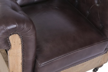 Fotoliu Chesterfield din piele naturală maro închis, capitonat, cu laterale din lemn de mango și iută, picioare pe roți, 84×77×79 cm, „Cassis” - Img 6