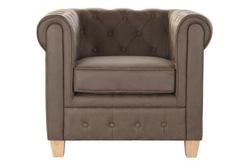 Fotoliu Chesterfield maro din bumbac cu finisaj antichizat, capitonat cu nasturi, cu brațe rulate și picioare din lemn masiv, 80×80×70 cm, „Uzès” - Img 7