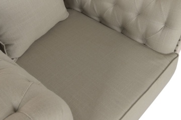 Fotoliu Chesterfield verde salvie din stofă și iută, cu structură din lemn masiv de mango, 101×90×79 cm, „Kensington" - Img 8