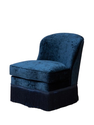 Fotoliu din catifea albastru închis, formă rotunjită, cu franjuri decorativi, 73×78×64 cm, „Costanza"