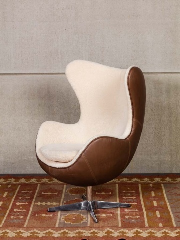 Fotoliu Egg rotativ din piele naturală full grain și lână, maro și crem, design iconic, 86,5×76,5×116 cm, „Tenzing" - Img 9