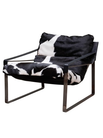 Fotoliu lounge din piele naturală de bovine alb-negru cu structură metalică, „Montaine”
