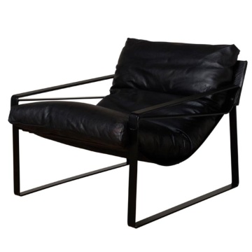 Fotoliu lounge din piele naturală neagră cu structură metalică, „Gabor”