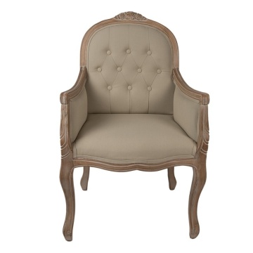 Fotoliu mic în stil Louis XV, bej, din stofă, capitonat cu nasturi, cu cadru sculptat din lemn și picioare cambrate, 62×58×101 cm, „Rosalie”