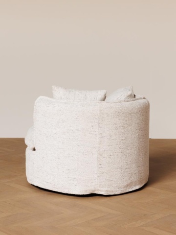 Fotoliu rotativ rotund, alb, din stofă bouclé, cu două perne decorative și pernă groasă de șezut, diametru 98 cm, înălțime 74 cm, „Meridian” - Img 5