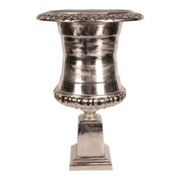 Ghiveci cu picior din aluminiu, argintiu, în formă de urnă înaltă, cu bază pătrată înaltă, finisaj nichelat, 71 x 48 cm, „Tivoli”