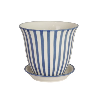 Ghiveci din ceramică pictat manual cu dungi, Ø 22 x H 18,5 cm, albastru, „Miriam"