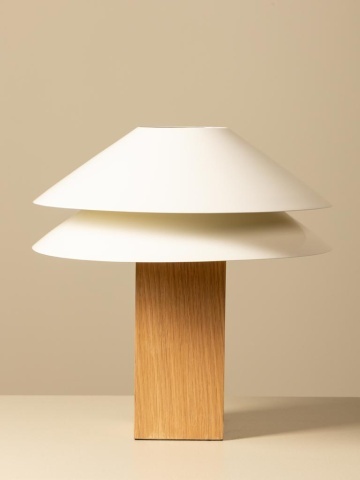 Lampă de masă din bumbac bej cu structură din furnir de stejar și metal cromat, abajur dublu, finisaj natural, 50×35 cm, „Doppia" - Img 6