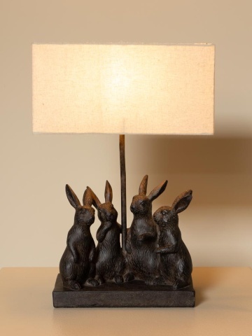Lampă de masă din bumbac bej, cu structură din rășină maro în formă de grup de iepuri, finisaj patinat, 45×31×13 cm, „Lapin" - Img 2