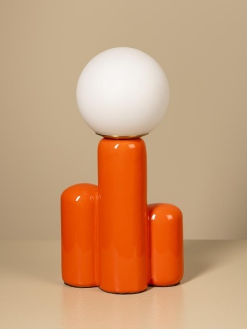 Lampă de masă din ceramică portocalie, cu abajur în formă de glob natur și bază cu coloane cilindrice, finisaj lucios, 31×16×12 cm, „Tribla" - Img 5