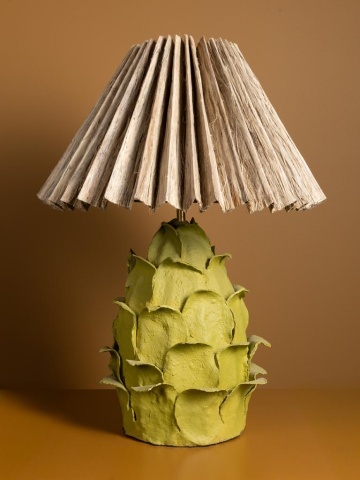Lampă de masă din hârtie mâché, în formă de anghinare, verde, cu abajur plisat din iută naturală, stil etnic, 67,5 x Ø 50 cm, „Artyso” - Img 6