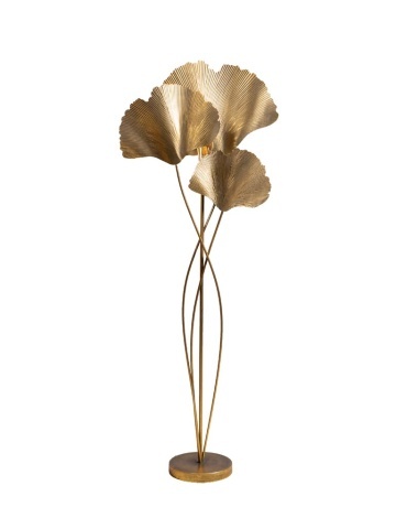 Lampă de podea din metal auriu, cu frunze de ginkgo sculptate, finisaj vintage, 164×66×25 cm, „Ginkgo"