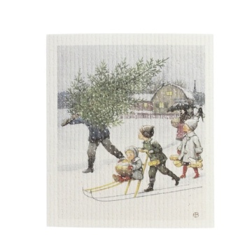 Lavetă artizanală din bumbac cu ilustrație de pădure de Elsa Beskow, alb, 17×20 cm, „Children of the Forest"