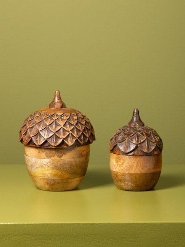 Lumânare decorativă din lemn de mango și ceară, maro, în formă de ghindă cu capac sculptat, 2 fitiluri, finisaj natural, 16,5 x 15 cm, „Tonka” - Img 4