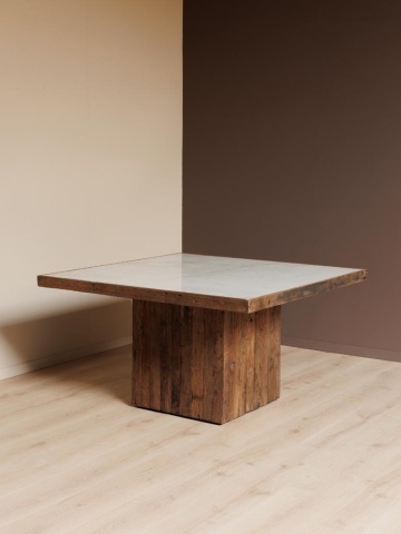 Masă dining pătrată din lemn reciclat, alb, 8 locuri, cu blat din marmură și bază centrală, 76 x 140 x 140 cm, „Alpina” - Img 5