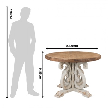 Masă dining rotundă din lemn, natur, 4–5 locuri, cu picior central în volute, finisaj antichizat, 85 x 120 cm, „Aimée” - Img 6