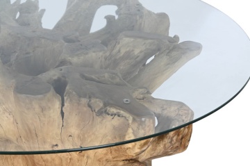 Masă dining rotundă din rădăcină de teak cu blat din sticlă securizată, 160×160×76 cm, „Raiz" - Img 5