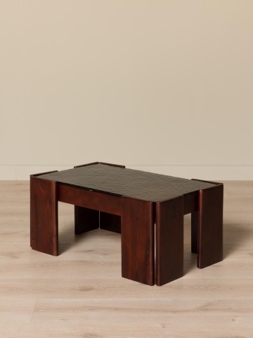 Măsuță de cafea din lemn de acacia, cu blat din sticlă securizată, maro antichizat, finisaj satinat, 80×50.5×35 cm, „Templo" - Img 2